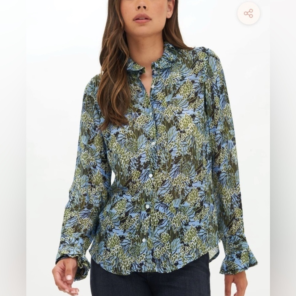 Oliphant Ruffle Collar Silk Blend Blouse Eden Blue Women's Size Small
